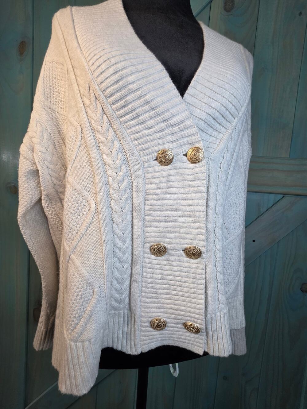 J.Jill Cream Double-Breasted Cable Knit Cardigan Wide V-neck Collar Gold Buttons